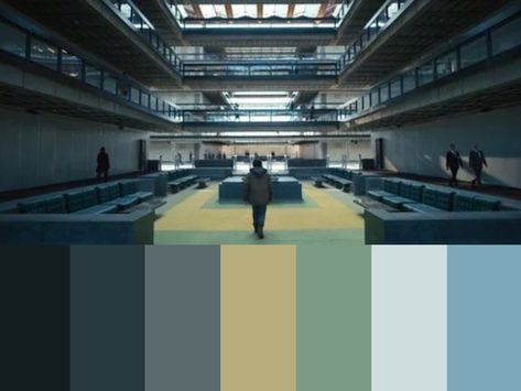 Blue and green color palette inspired by films. This one is from a sci-fi thriller called Severance (Apple tv). Beautiful cinematography and color grading. Follow me for more! Dystopia Color Palette, Severance Cinematography, Sci Fi Cinematography, Sci Fi Color Palette, Severance Aesthetic, Severance Apple Tv, Sci Fi Office, Strangely Familiar, Beautiful Cinematography