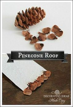 TUTORIAL - how to make a pinecone roof using pine cone scales - great accent for fairy garden houses! - Snow Village Lamp - Fillable glass lamp idea using homemade Putz houses! #MiniGarden Fence Out Of Sticks, Hidden Fairy Garden, Diy Fairy Garden Accessories Handmade, Homemade Fairy Garden Ideas, Outdoor Fairy Garden Diy, Fairy Houses Diy, Wood Fairy House, Dnd Builds, Fae Garden