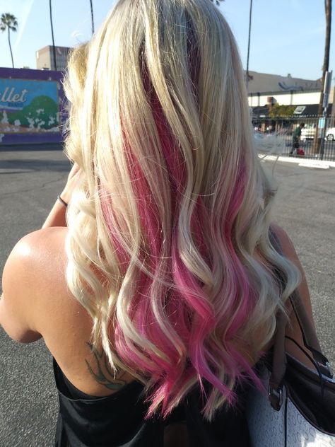 Pink Underneath Hair, Pink And Blonde Hair, Blonde And Pink, Pink Hair Streaks, Pink Hair Highlights, Blonde Hair With Pink Highlights, Haircut Inspo, Pink Blonde Hair, Pink Hair Dye