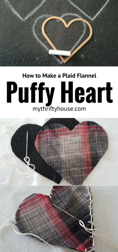 How to make plaid flannel puffy heart Valentines from a favorite shirt. Plaid Fabric Crafts, Memory Ornaments From Clothing, Wool Upcycle, Denim Wreath, Denim Hearts, Memory Clothes, Denim Wreaths, Valentine Goodies, Memory Shirt