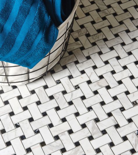 Basketweave Tile Bathroom, Basketweave Tile Floor, Basketweave Tile, Black And White Mosaic, White Mosaic Tile, Basket Weave Tile, Marble Bathroom Floor, Mosaic Floor Tile, Mosaic Floor