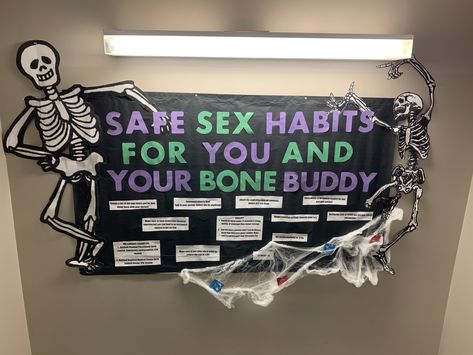 Halloween Dorm Hall Decorations, Halloween Consent Bulletin Board, Resident Assistant Bulletin Boards Halloween, Community Themed Bulletin Boards, Ra Halloween Programs, Ra Dorm Bulletin Boards, Halloween Ra Program Ideas, October Bulletin Boards For College, Skeleton Bulletin Board Ideas