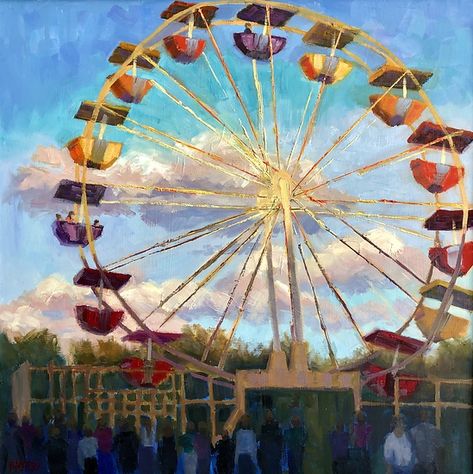 Wheel Aesthetic, Fairground Art, Circus Painting Ideas, Circus Painting, Amusement Park Painting, Painting Ideas Ferris Wheel, Amusement Park Rides Drawing, Carnival Painting Canvas, Ferris Wheel Painting