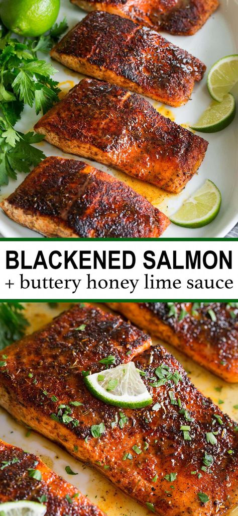 Blackened Salmon - Salmon fillets are liberally seasoned with a homemade cajun style seasoning then pan seared in a hot skillet until lightly charred and blackened. Then last but not least it's finished with a super flavorful and rich buttery honey lime sauce to compliment it. Recipe on cookingclassy.com. Blackened Salmon Sauce, Blackened Honey Glazed Salmon, Sauce For Blackened Salmon, Grilled Blackened Salmon, Blacked Salmon Recipes, Steak And Fish Dinner, Carribean Salmon, Skillet Salmon With Skin, Salmon And Chicken Recipes