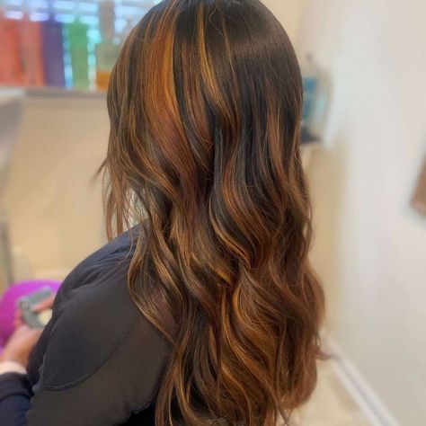 Brown Hair With Orange Balayage, Orange Hair Dye On Brown Hair, Black And Orange Highlights, Dark Orange Balayage, Orange Hair Black Highlights, Dark Brown With Orange Highlights, Brunette Hair With Orange Highlights, Dark Hair Orange Highlights, Orange Hair Highlights Brunettes