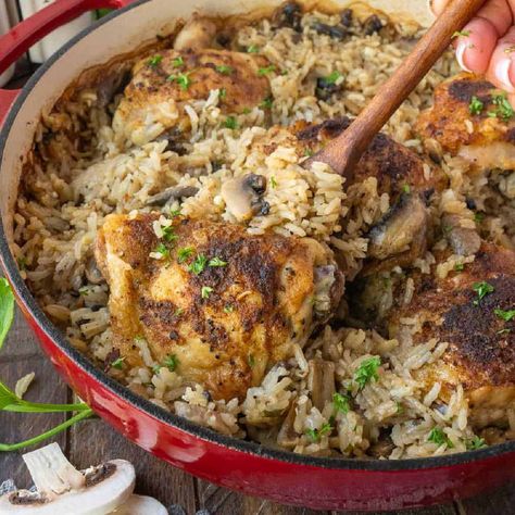 One Pot Mushroom Chicken and Rice | Butter Your Biscuit Chicken Rice Mushroom, Chicken Rice Beans, Comfort Food Dinners, Chicken 101, Mushroom Rice Recipes, Whole Baked Chicken, Creamy Chicken Pasta Recipes, Chicken And Noodles, Food Dinners