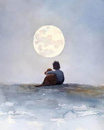 Boy And His Dog, Look At The Moon, Moon Art Print, Watercolor Images, Art Et Illustration, Dog Illustration, Art And Illustration, Moon Art, A Boy