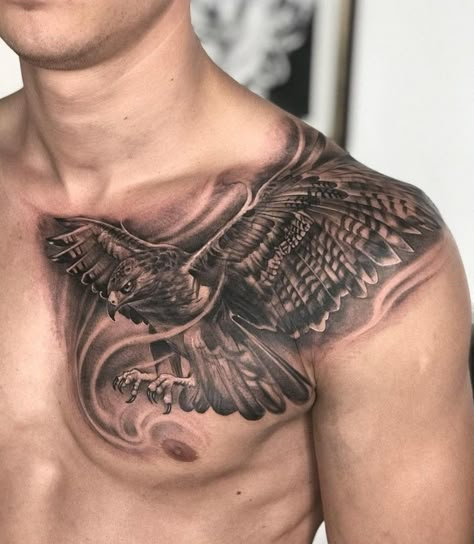 Hawk Chest Tattoo Men, Eagle Tattoo On Shoulder, Pec Tattoo Men Ideas, Chest Tattoo Eagle, Eagle Chest Tattoo Men, Chest Shoulder Tattoo Men, Shoulder Chest Tattoo Men, Chest And Shoulder Tattoo For Men, Eagle Tattoo Chest