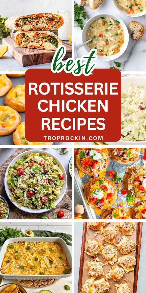 These leftover rotisserie chicken recipes are great for an easy weeknight dinner. Food With Rotisserie Chicken, Meals To Make With A Rotisserie Chicken, Quick Easy Rotisserie Chicken Recipes, Easy Recipe With Rotisserie Chicken, Appetizers With Rotisserie Chicken, Easy Dinner Recipes Rotisserie Chicken, Quick Dinner With Rotisserie Chicken, Leftover Rotisserie Chicken Meals, What To Make With A Rotisserie Chicken