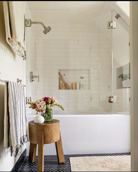 Classy Boho Bathroom, No Shower Curtain Bathroom, Shower Curtain Or Glass Door, Bath With Glass Door, Shower Curtain Over Glass Door Ideas, Shower Glass Door Ideas, Bathroom Sliding Glass Door, Double Shower Curtain, Farmhouse Shower