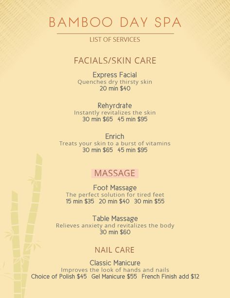 Spa and massage parlor price list flyer template. Spa Menu Ideas Price List, Massage Price List Ideas, Facial Price List Ideas, Facial Price List, Esthetician Notes, Esthetic Business, Spa Price List, Facial Massage Spa, Facial Ideas