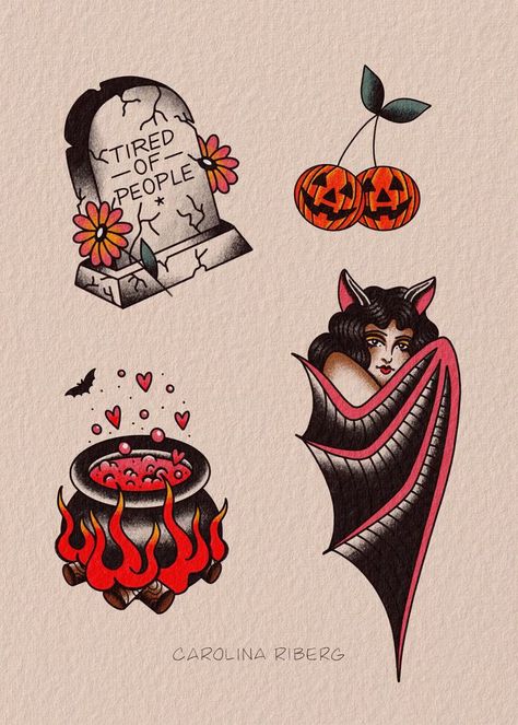 old school tattoo Vintage Halloween Tattoo Flash, Halloween Traditional Tattoo, Tattoos Spooky, Traditional Tattoo Halloween, Frankenstein Tattoo, Halloween Tattoo Flash, Tattoo Halloween, Friday The 13th Tattoo, Cherry Tattoos