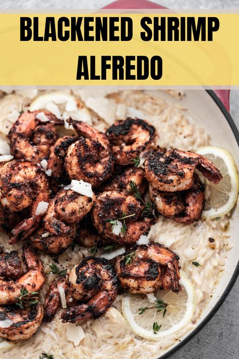 Blacken Shrimp Alfredo Pasta, Blackened Shrimp Alfredo, Blackened Shrimp Pasta, Blackened Shrimp, Seafood Stock, Shrimp Alfredo, Chicken Bones, Ingredient Substitutions, Spicy Shrimp