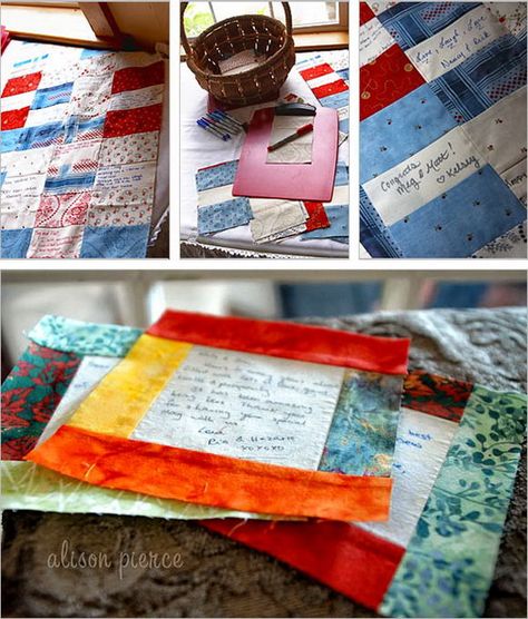 Quilt Guest Book Idea. Invite all your guest to leave a note on a square of your love quilt for your daily use. Every time you see it, it will bring back your sweet memories. Creative Guest Book Ideas, Guest Quilt, Guest Book Quilt, Wedding Guest Book Quilt, Creative Guest Book, Guest Book Ideas, Wedding Quilt, Signature Quilts, Be My Bridesmaid Cards