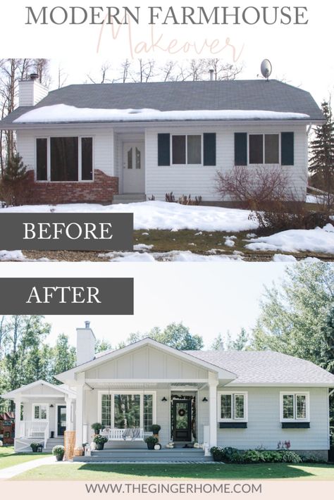 A Modern Farmhouse Style Exterior Makeover - The Ginger Home Modern Farmhouse Style Exterior, Small House Makeover, Exterior Home Makeover, Farmhouse Style Exterior, Renovation Exterior, Exterior House Renovation, Architecture Renovation, Ranch House Exterior, House Makeovers