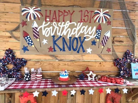 Patriotic Birthday Party Decorations, American Flag Birthday Party, Red White And Three Birthday, Red White And Blue 1st Birthday Party, First Birthday Fourth Of July Theme, Firecracker First Birthday Party, Red White And One First Birthday, Memorial Day First Birthday Party Ideas, July First Birthday Party Girl