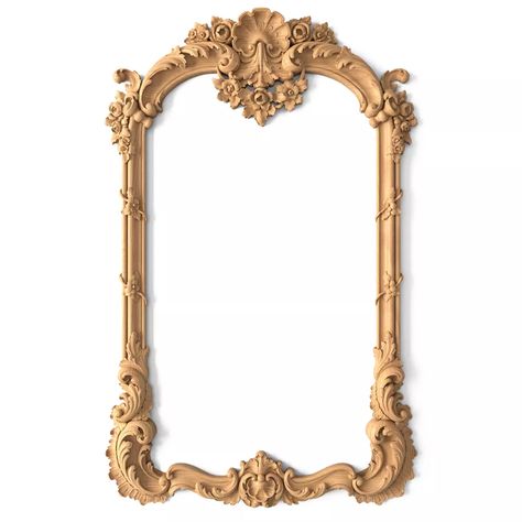 Baroque style beech arched hanging frame mirror#additional-separator##additional-separator#This wooden frame is made in the charming Baroque style. It has an elongated rounded shape, the surface of which is decorated with a delightful pattern with plant and floral elements. A truly pompous, luxurious composition gives some statuesque and refined notes. The top is made in the form of an arch, this design solution create some soft, elegant features. The product is intended for framing mirrors used Baroque Picture Frame, Wooden Mirror Frame Design, Baroque Mirror Frame, Framing Mirrors, Wooden Frame Mirror, Object Reference, Carved Mirror, Baroque Frame, Baroque Mirror