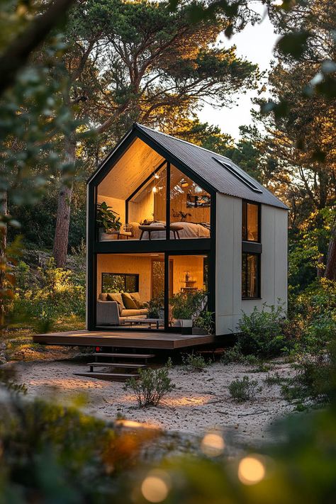 Tiny Home upstairs bedroom Small Chalet, Chalet Style Homes, Chalet House, Tiny House Furniture, Futuristic Home, Living On A Budget, Modern Tiny House, Rustic Materials, Exterior Cladding