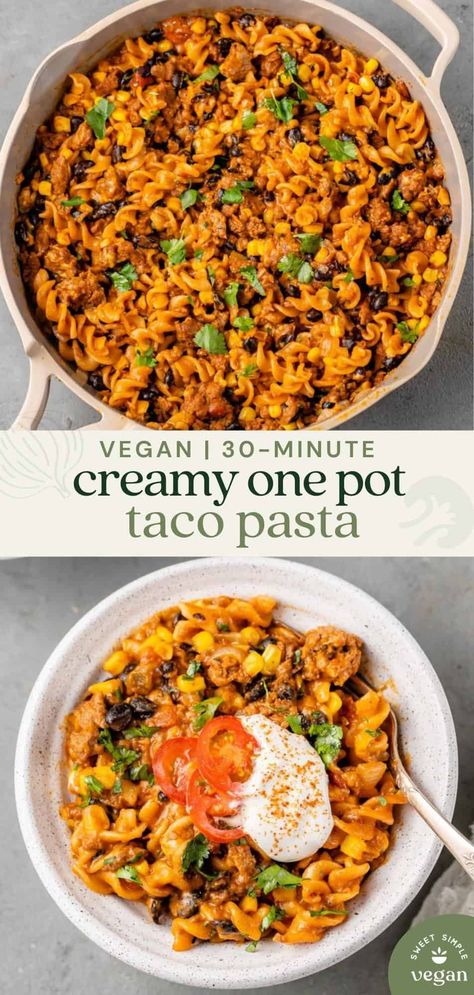 Learn how to make this simple and hearty dish using just one-pot and 30 minutes of your time. #1pot #onepot #30minute #tacopasta #onepotpasta #onepotdinner #kidfriendly #vegandinner #sweetsimplevegan #tacopasta #vegantacos #veganentree #easymeal #vegan One Pot Vegan Recipes, One Pot Vegan Pasta, Vegan Taco Pasta, One Pot Vegan Meals, Vegetarian One Pot Meals, Bowl Meals, One Pot Vegetarian, Vegan Taco, Ramadan 2024