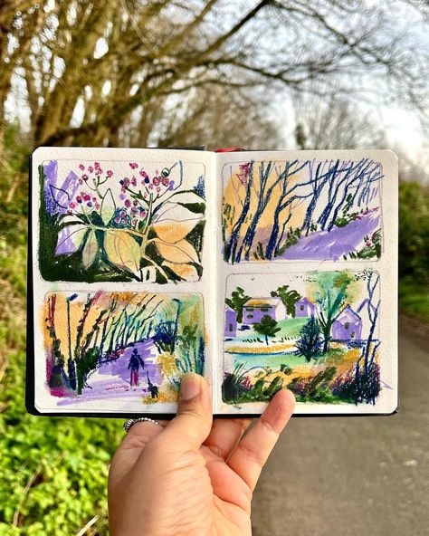 😀l’ve started a new small sketchbook based on an idea by @emmacarlisle_ ‘30 paces from home’ This little sketchbook now accompanies me on my daily morning walks. I’m able to spend 30 minutes filling double-page spreads with mixed media ( pretty random selection hence odd palette choices) This ritual has become my daily mindfulness practice, grounding me in the present moment as I capture whatever I see around me.These sketches aren’t meant to be fully finished or realized pieces. Swift sketc... Color Palette Sketchbook, Sketchbook Page Layout Ideas, Filled Sketchbook, Sketchbook Spread Ideas, Mixed Media Sketchbook, Ohn Mar Win, Daily Sketchbook, Watercolour Sketchbook, Daily Mindfulness