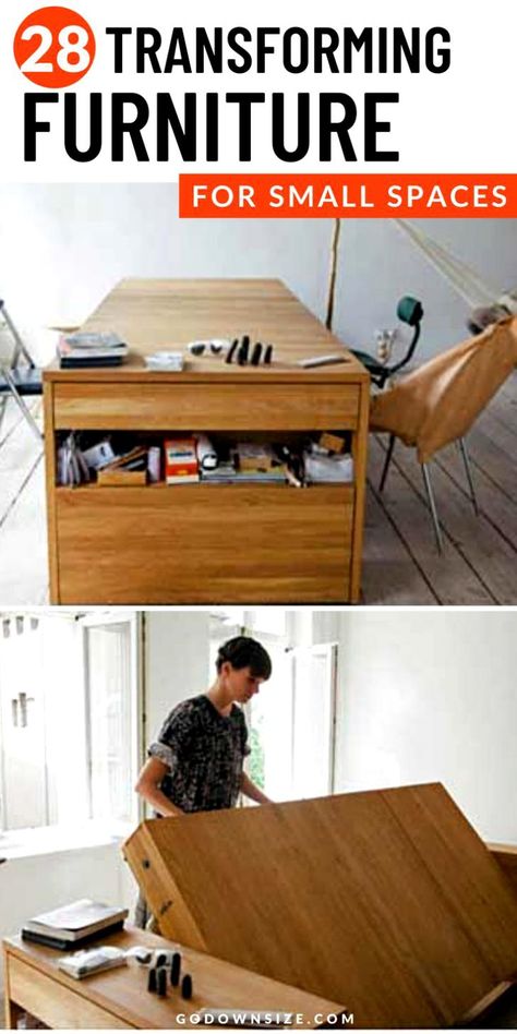 Transforming Furniture is Amazing because you can have several functions within one piece of furniture. Practical for tiny homes and to help organize small spaces. You can keep your small space functional with these awesome transformative furniture pieces! These affordable furniture selections are modern and great for apartment living and RV life. From a bed that second as a table to a picture that can pull out into a table and a cabinet with a foldable bed and more! See the possibilities here! Bed To Table Conversion, Foldable Furniture Diy, Clever Furniture Design, Best Space Saving Ideas, Multi Functional Furniture For Small Spaces, Murphy Table Diy Small Spaces, Tiny House Furniture Space Saving, Small Furniture Ideas, Hideaway Furniture