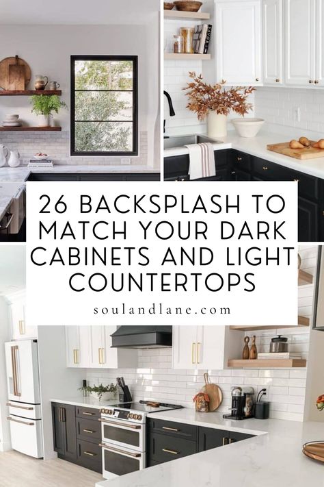 Our selection of backsplash ideas promises to inspire your next kitchen renovation, offering a spectrum of designs that enhance and accentuate the contrast between your cabinets and countertops. From geometric glass tiles to rustic stone mosaics, find out how to select a backsplash that not only complements your kitchen's palette but also elevates its overall charm and character. Kitchen White Countertops Dark Cabinets, Dark Backsplash Grey Cabinets, Backsplash Tile With Dark Cabinets, Kitchen Tiles Backsplash With Dark Cabinets, Dark Kitchen Light Countertops, Kitchen Backsplash For Dark Cabinets, Dark Light Kitchen, Dark Backsplash Kitchen, White Countertops Kitchen Dark Cabinets