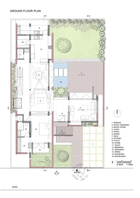 Gallery of Brick House / Architecture Paradigm - 19 Passive Solar House Plans, Solar House Plans, Brick House Plans, Ground Plan, Indian House Plans, Courtyard House Plans, Architectural Floor Plans, Floor Plan Layout, House Layout Plans