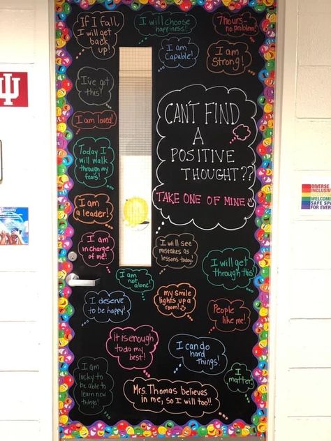 Iss Room Decor, School Counselor Office Decor Themes, Chalk Wall Classroom, Ela Door Decorations Middle School, Chalk Bulletin Board Ideas, School Social Work Door Decor, Student Support Bulletin Board, Counselor Door Ideas, Iss Classroom Ideas