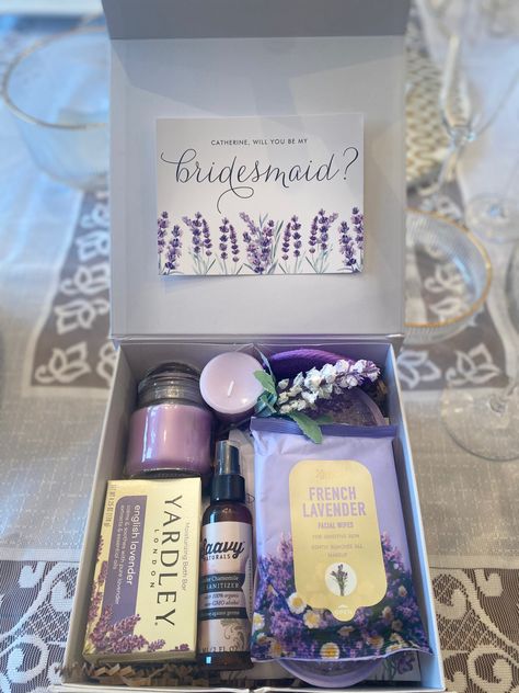 Wedding Lilac Theme, Wedding Themes Purple Lavender, Bridesmaid Invite Ideas Boxes, Lavender Theme Party, Lavender Bridesmaid Proposal, Purple Bridesmaid Proposal, Lilac Bachelorette Party, Wedding Bouquets Lilac Lavender, Bridesmaid Proposal Lavender