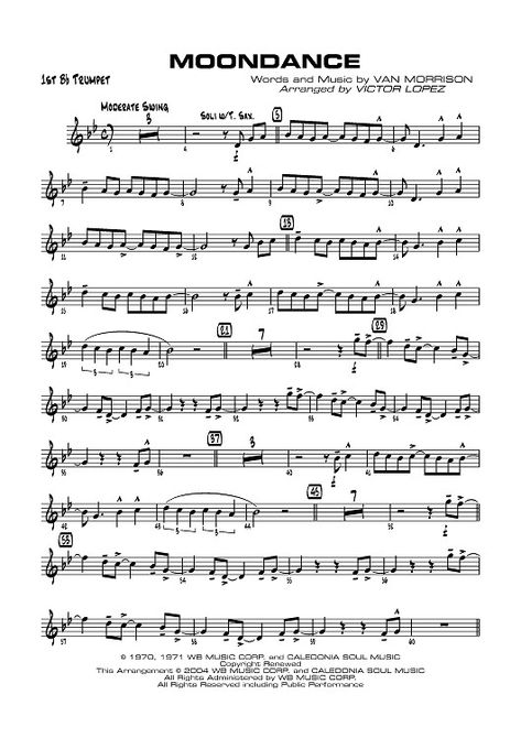 B flat trumpet music for Moondance by Van Morrison Trumpet Jazz Sheet Music, B Flat Clarinet Sheet Music, Victor Lopez, Jazz Guitar Lessons, Jazz Trumpet, Trumpet Sheet Music, Trumpet Music, Clarinet Sheet Music, Jazz Sheet Music