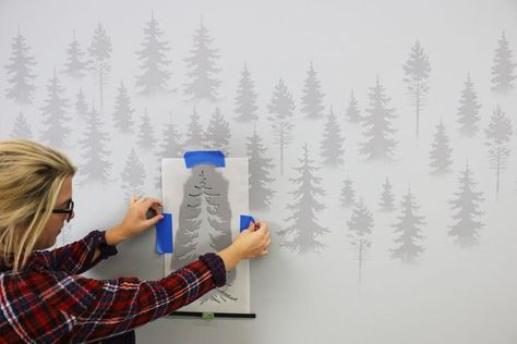 This amazing Mountain pines stencil kit helps you to easily create a beautiful forest wall mural using simple DIY painting techniques. Tape Mural, Spring Mural, Mural Diy, Wall Stencils Diy, Mountain Wall Mural, Accent Wall Stencil, Nursery Accent Wall, Wall Murals Diy, Mountain Mural