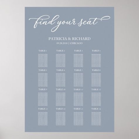 Blue Wedding Seating Chart, 12 Tables, Seating Chart Sign, Table For 12, Dusty Blue Wedding, Light Blue Wedding, White Typography, Seating Plan Wedding, Dusty Blue Weddings