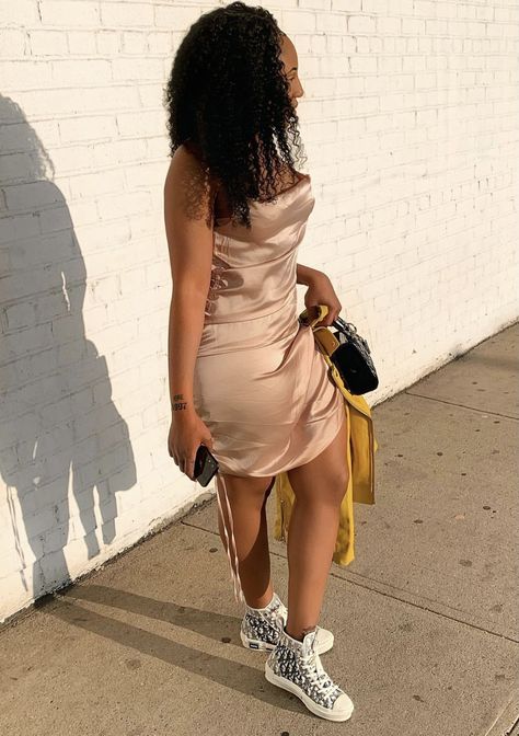 Sneakerball Party Outfits, Feminine Outfits Black Women, Silk Satin Outfit, Dresses With Sneakers, Cool Style Outfits, Satin Outfit, Dress And Sneakers Outfit, Sneaker Ball, Budget Outfits