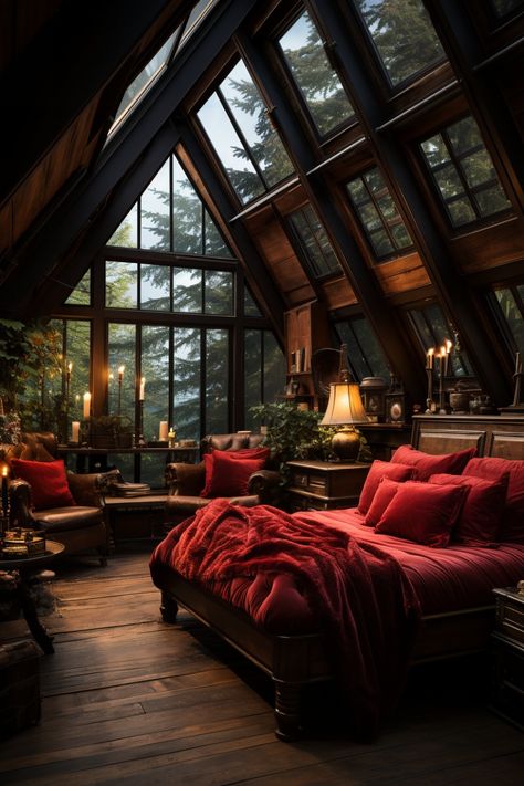 Gothic Bedroom Design, 2 Story Bedroom, Greenhouse Bedroom, Loft Master Suite, Room Aesthetic Dark, Bedroom With A View, Hipster Bedroom, Bedroom View, Log Cabin Rustic