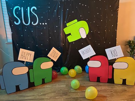 Among Us theme backdrop for party Among Us Table Decoration, Among Us Diy Party Decorations, Among Us Bedroom Ideas, Among Us Diy Party, Among Us Trunk Or Treat, Among Us Birthday Party Decoration Diy, Among Us Bday Party, Amount Us Birthday Party Ideas, Among Us Centerpieces Ideas