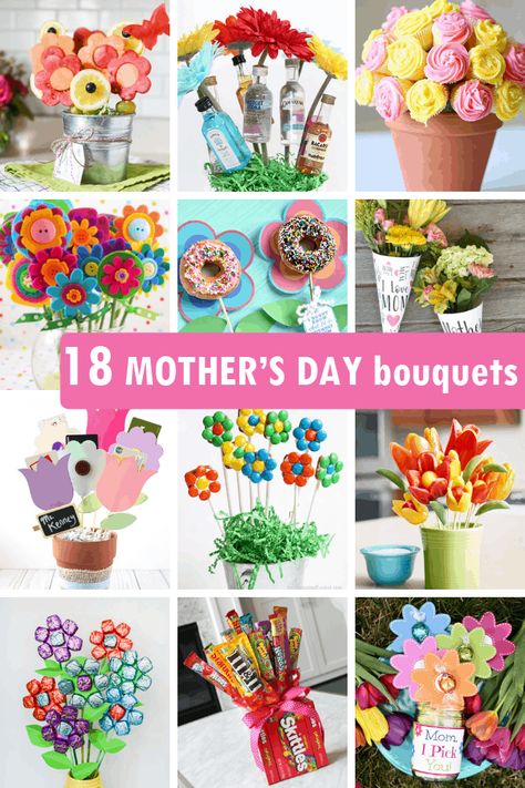 18 DIY MOTHER'S DAY BOUQUETS - Unique handmade gift ideas. Make mom a bouquet with booze, flowers, candy, chocolate, tea, or anything! Bouquets For Mothers Day, Mothers Day Food Gifts, Booze Bouquet, Flower Cookies Bouquet, Bouquet Mothers Day, Mothers Day Diy, Babysitting Ideas, Gift Card Bouquet, Diy Mother's Day