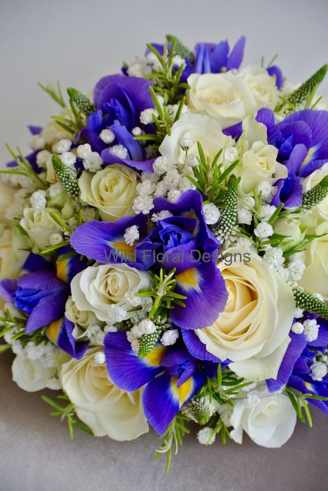 Iris brides bouquet, Roses, Veronica, Gyp and Rosemary. Iris Wedding Theme, Iris Flowers Bouquet, Iris Flower Bouquet Wedding, Wedding Bouquets Iris, Iris Bridal Bouquet, Iris Wedding Bouquet, Blue Iris Flowers Bouquets, Wedding Bouquets With Irises, Purple Blue And White Bouquet