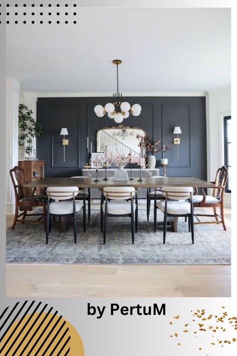 Moody Dining Room, Dining Room Accent Wall, Dark Dining Room, Wall Moulding, Black Accent Walls, Blue Accent Walls, Dining Room Accents, Room Accent Wall, Dining Room Blue