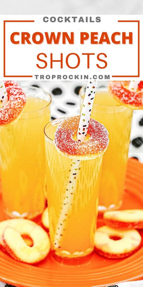 Love Peach Crown Royal Recipes? I've got 14 recipes for Peach Crown Royal Recipes! Here's a quick and easy one, Peach Ring Shots. Perfect for getting the party started with fun Peach Crown Royal Recipes. Cheers! Peach Shots Alcohol, Peach Shots Recipe, Peach Snaps Shots, Peach Ring Cocktail, Crown Peach Drink Recipes, Peach Shots, Peach Crown Royal Recipes, Crown Drinks, Summer Time Cocktails