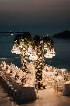 Luxury Event Decor, Mykonos Wedding, Greece Mykonos, Oceanfront Wedding, Destination Wedding Italy, Destination Wedding Decor, Wedding Chandelier, Dream Wedding Decorations, Santorini Wedding