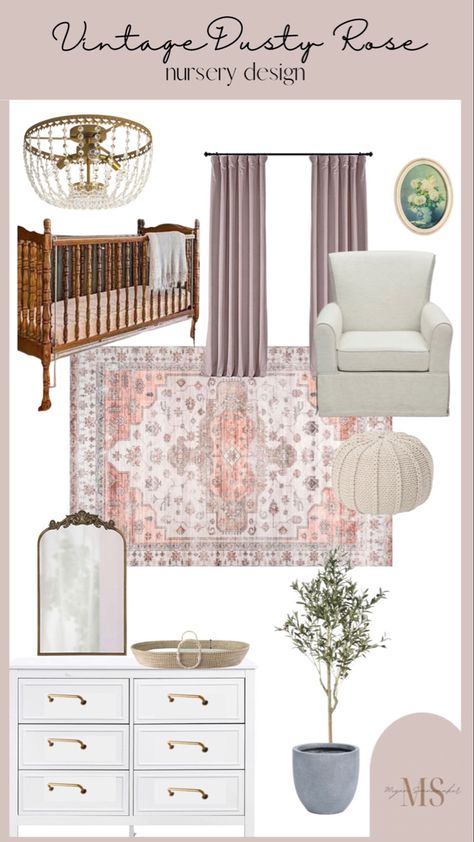 Olive And Pink Nursery, Vintage Inspired Girls Room, Dark Purple Nursery Ideas, Green And Mauve Nursery, Sage And Mauve Nursery, Green And Purple Nursery, Eclectic Nursery Girl, Sage Green And Blush Nursery, Purple And Green Nursery