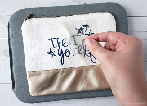 Treat Yo' Self Zippered Pouch | artsy-fartsy mama with Cricut iron on vinyl Bridesman Gifts, Sister Picture Frames, Vinyl Pouch, Cricut Iron On Vinyl, Pouch Craft, Traveler Notebook Inserts, Vinyl Ideas, Zippered Pouch, Iron On Vinyl