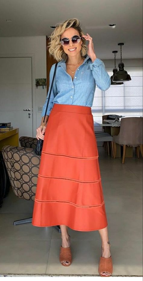 Orange Skirt Outfit Ideas, Coral Skirt Outfit, Orange Skirt Outfit, Coral Skirt, What Is Fashion, Orange Skirt, Business Casual Outfits For Work, Business Casual Outfits, Boho Chic Fashion