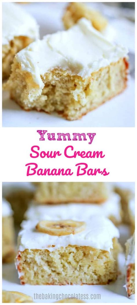 These Yummy Sour Cream Banana Bars are super moist and decadent due to the ripe bananas, eggs and sour cream used to make them. They're slightly tangy, delicious banana bars with a creamy layer of luscious cream cheese frosting on top to make everyone happy! Sour Cream Banana Bread, Make Sour Cream, Banana Split Dessert, Banana Bars, Berry Cobbler, Sour Cream Cake, Bar Recipes, Ripe Bananas, Köstliche Desserts