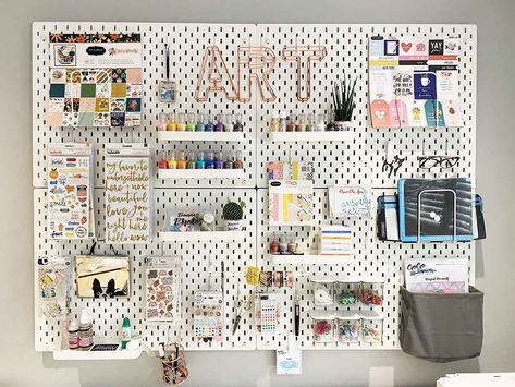 Ikea Craftroom pegboard organisation. Style your craft room and get organised with this on the wall pegboard. Craft Room Pegboard Ideas, Ikea Pegboard Ideas, Wall Pegboard, Room Pegboard, Pegboard Craft Room, Ikea Pegboard, Pegboard Ideas, Craft Room Ideas, Craft Closet Organization