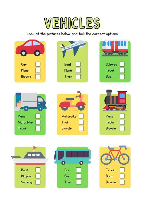 Vehicles & Transportation Look and Tick Handout Transport Worksheets For Kids, English Primary School, Speaking Activities English, Teach English To Kids, English Teaching Materials, Fun Classroom Activities, Learning English For Kids, English Phonics, Life Skills Special Education