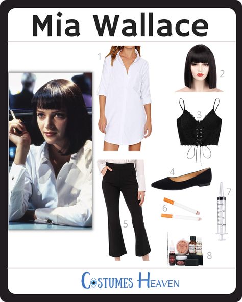 Cool Female Movie Characters, Pulp Fiction Cosplay, Mia Costume Pulp Fiction, Fictional Characters Outfit Ideas, Fictional Character Costumes, Halloween Costumes Pulp Fiction, Mia Pulp Fiction Halloween, Pulp Fiction Couple Costume, Pulp Fiction Mia Wallace Costume