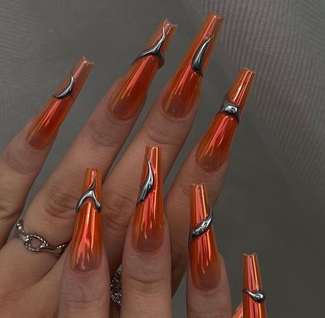 Orange Chrome Nails, Nails Aesthetics, Orange Chrome, Fall Acrylic, 2024 Nails, Super Cute Nails, Claw Nails, Chrome Powder, Fall Acrylic Nails