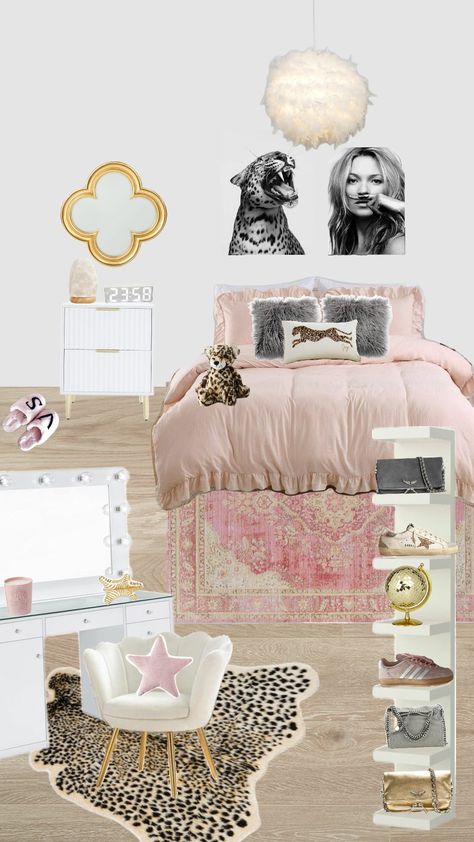 #bedroom #pink #leopardprint #trending #gold #decor Pink Glamour Bedroom, Black White Pink And Gold Bedroom, Pink Leopard Bedroom, Pink Cheetah Bedroom, Light Pink And Cheetah Bedroom, Pink And Cheetah Print Bedroom, Pink Cheetah Print Bedroom, Light Pink Gold And White Bedroom Ideas, Room Inspo Cozy Pink