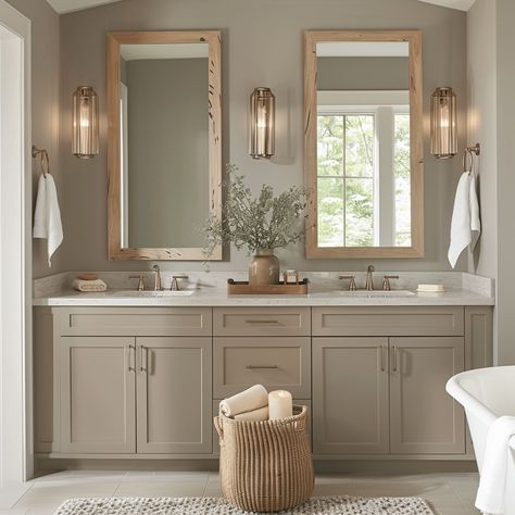 Tan Vanity Bathroom Ideas, Modern Traditional Bathroom Design, Taupe And Blue Bathroom, White And Tan Bathroom Ideas, Taupe Cabinets Bathroom, Tan Bathroom Cabinets, Tan Bathroom Vanity, Beige Vanity Bathroom, Taupe Bathroom Cabinets